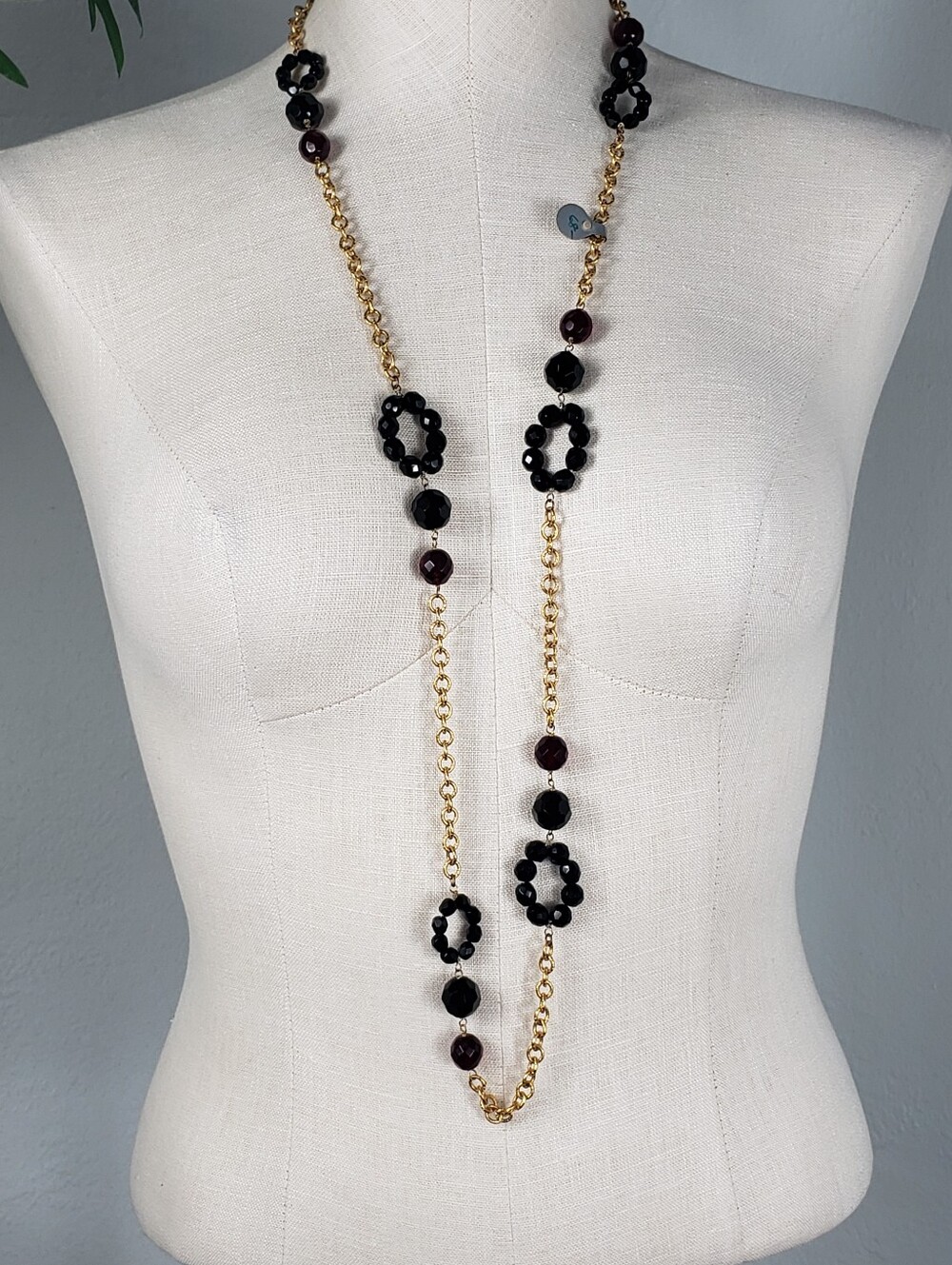 Catherine Stein Antique Gold Chain w/ Black & Burgandy GLASS Faceted Beads Long